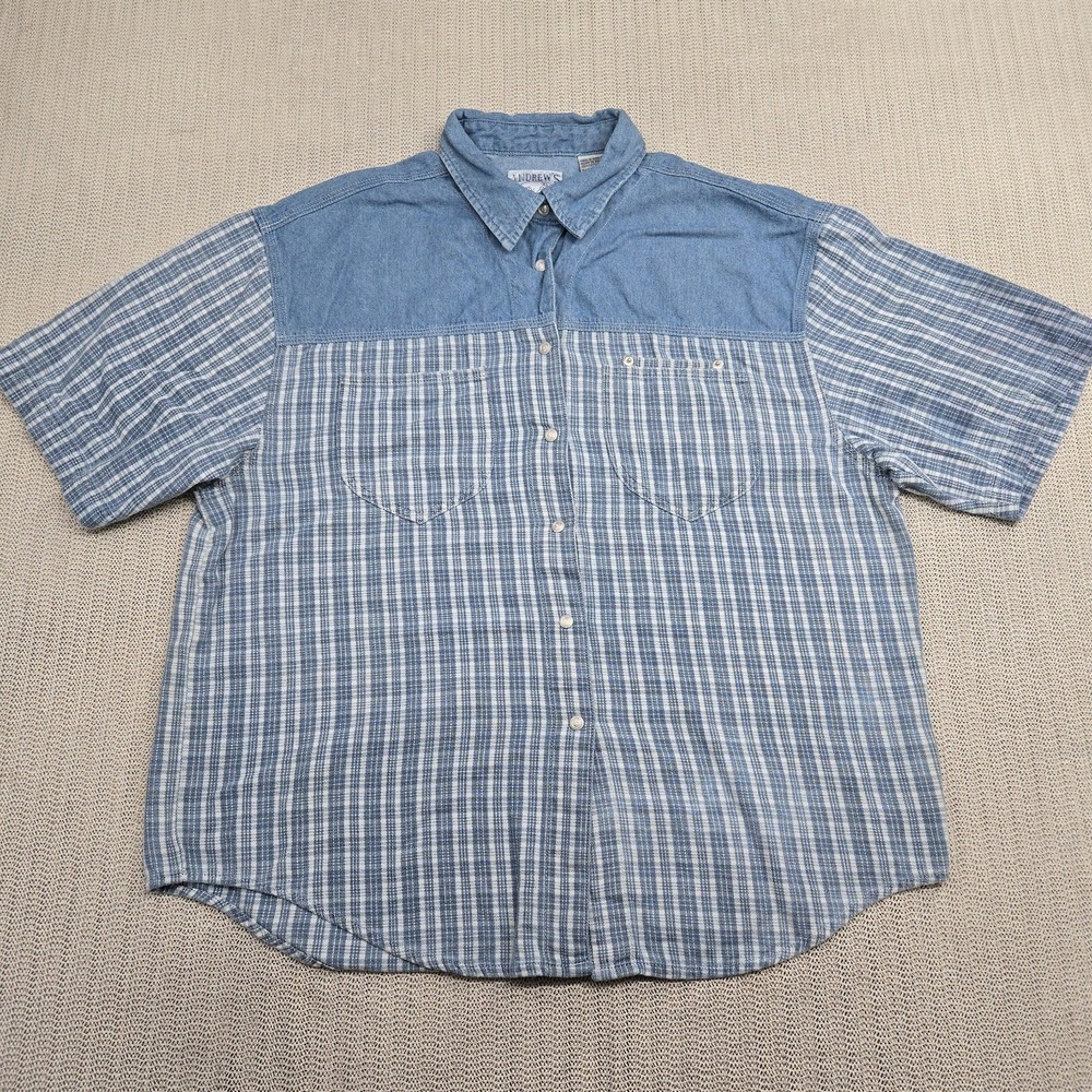 Vintage Andrew's Blues Shirt Womens XL Blue Plaid Denim Western Short Sleeve 90s